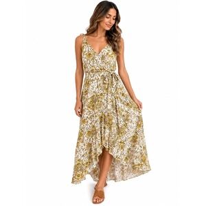 Hummingbird‎ Floral Wrap Maxi Dress Yellow Boho High Low Tulip Hem Sleeveless S